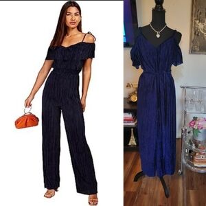TOPSHOP Navy Off-the-shoulder Jumpsuit with attached tie-belt Size 2